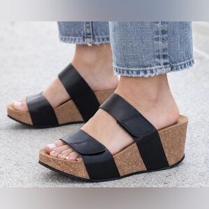 Eric Michael Black Leather Cork Wedge Sandals | Made in Portugal EU 39/ US 8-8.5